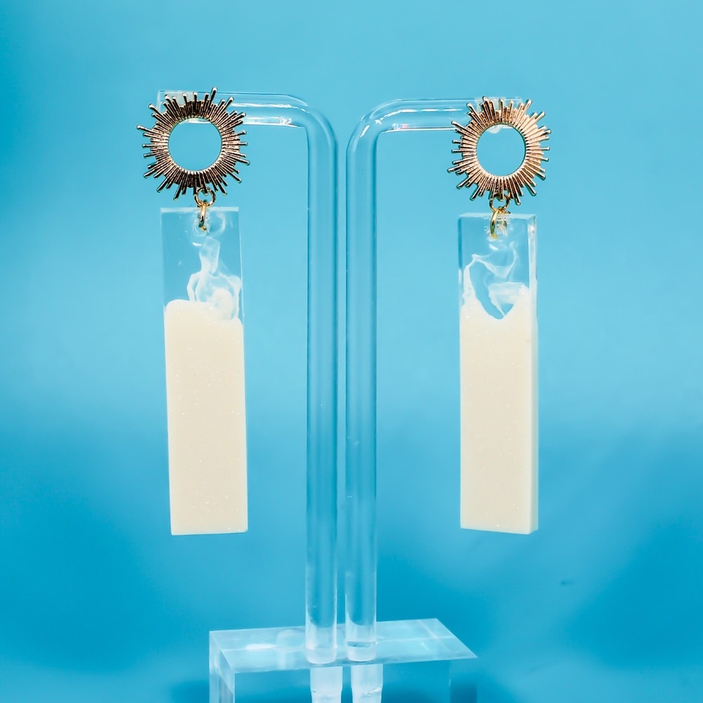 Handmade Earrings - Rectangle Bar Resin Earrings - Cream Shimmer, Clear - NEW